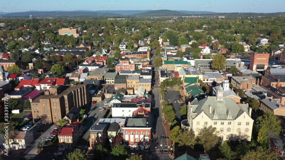 Beautiful aerial views of Winchester, VA walking mall and old town with Appalachian and Shenandoah mountains in the distance.