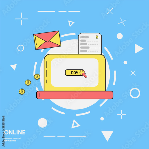 Concept of online payment with with credit cark and laptop in memhis style. Colorful design teplate for inline payment with receipt and cash for banking and business.