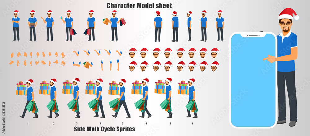Business Man Santa Character Design Model Sheet with walk cycle and run cycle animation.  Man Character design of Front, side, back view and explainer animation poses. Character set with lip sync.  