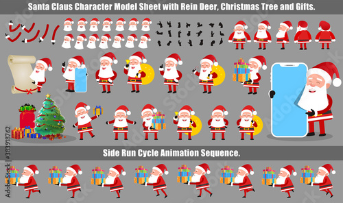 Christmas Santa Claus Character Design Model Sheet with walk cycle and run cycle animation.  Character design of Front, side, back view and explainer animation poses. Character set with lip sync