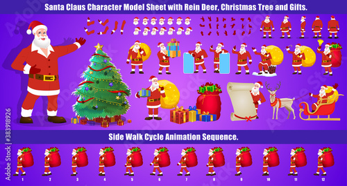 Christmas Santa Claus Character Design Model Sheet with walk cycle and run cycle animation.  Character design of Front, side, back view and explainer animation poses. Character set with lip sync
