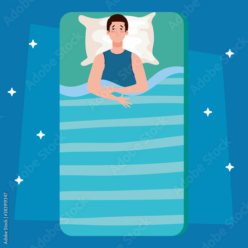 insomnia man on bed with pillow design, sleep and night theme Vector illustration
