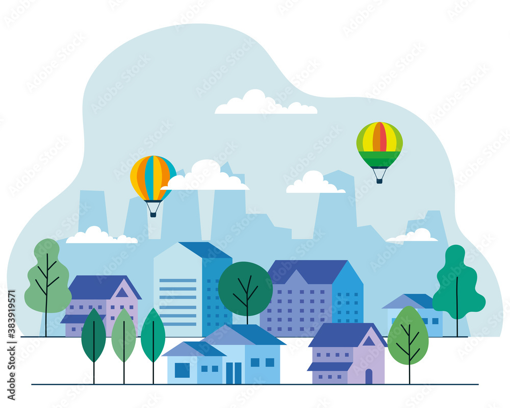 Fototapeta premium City houses with hot air balloons trees and clouds design, architecture and urban theme Vector illustration