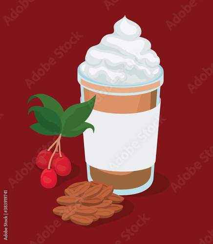iced coffee mug with cream berries leaves and beans vector design