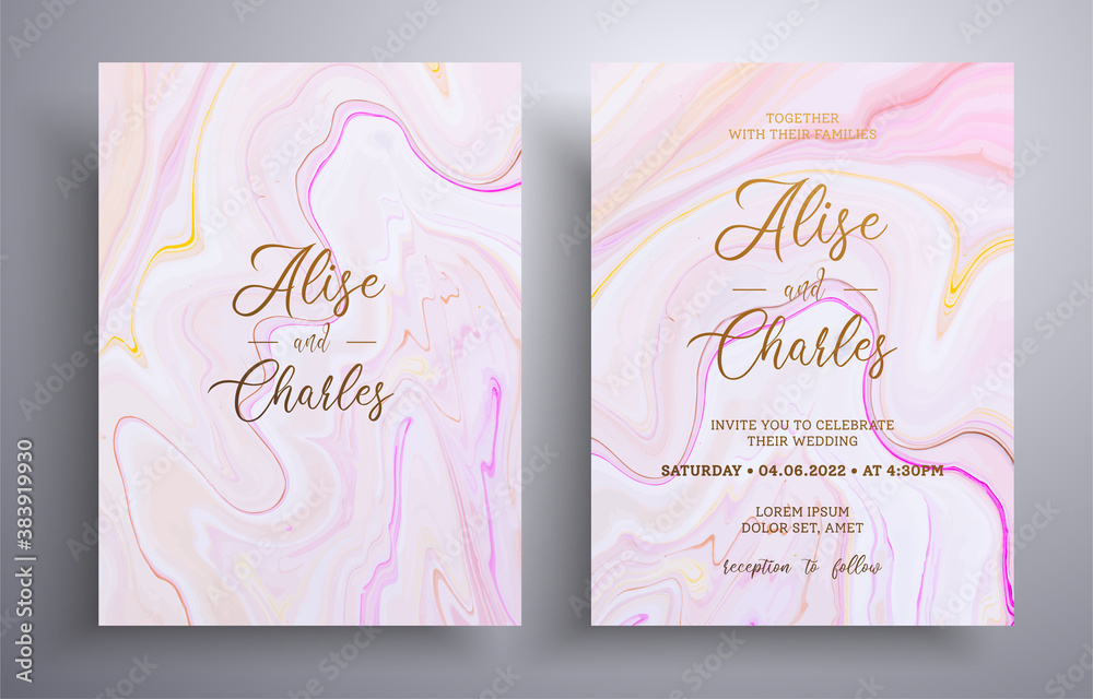 Modern collection of wedding invitations with stone pattern. Mineral vector cards with marble effect and swirling paints, beige, pink and yellow colors. Designed for greeting cards, brochures and etc