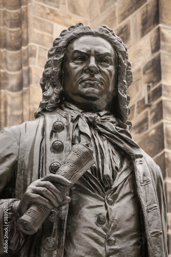Closeup of statue of Johann Sebastian Bach next to St. Thomas Church (German: Thomaskirche) in Leipzig, Germany, where Bach worked for 23 years as choir director in the 18th century