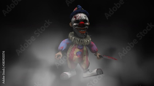 Seamless animation of a horror clown walking with knives in the fog. Scary background circus themed visual for Halloween. photo