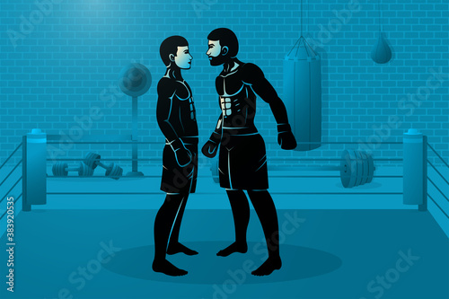 Two boxers are standing in the ring. Big fighter threatens little guy vector illustration