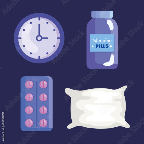 insomnia clock pills jar and pillow design, sleep and night theme Vector illustration