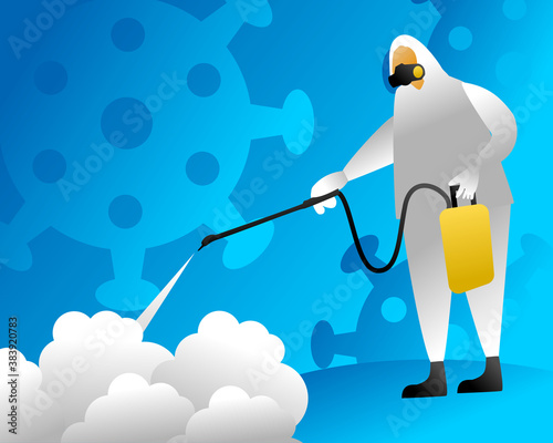 Vector illustration of a man in protective suit spraying disinfectant to cleaning and disinfect virus, Covid-19, Coronavirus, Preventive measure