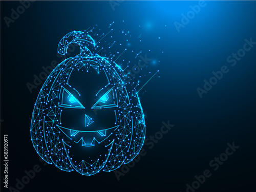 Halloween pumpkin abstract polygonal illustration. Pumpkin lantern made of lines and dots on a dark blue background.