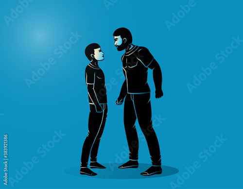 Big aggressive guy threatening the little guy. Conflict situation vector illustration on a blue background