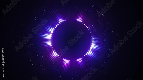 Bright glowing radial or circular equalizer animation. Visualization of recording and playback of sound, voice, music. Audio waveform with flowing dotts. Technological 4K loop in neon purple colors photo