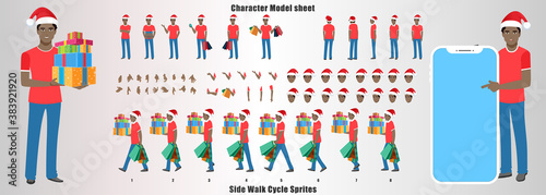 Business Man Santa Character Design Model Sheet with walk cycle and run cycle animation.  Man Character design of Front, side, back view and explainer animation poses. Character set with lip sync.  