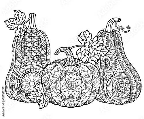 Vector coloring book for adults. Halloween pumpkins in mandala style with detailed patterns