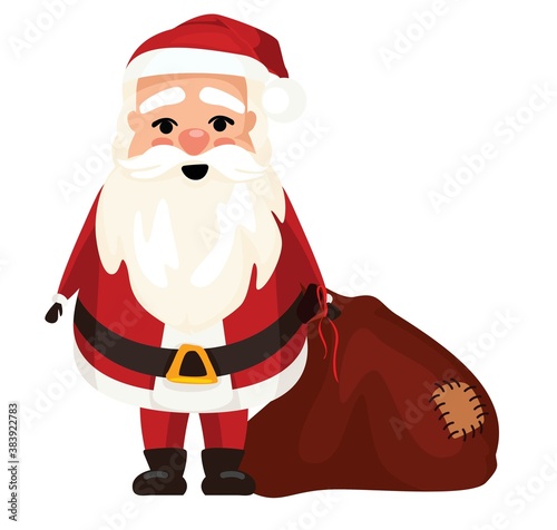 Santa Claus with a bunch of gifts, carries, drags on a sleigh. Flat, cardun, christmas eve and new year. photo