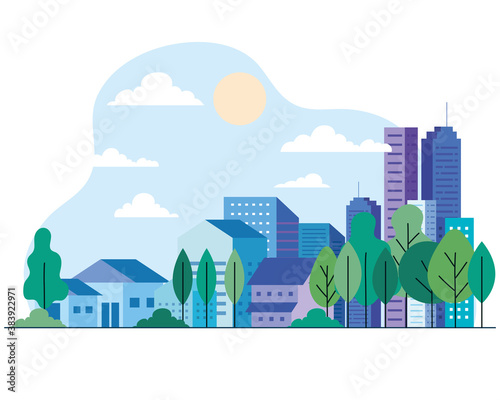 City buildings and houses with trees sun and clouds design, architecture and urban theme Vector illustration
