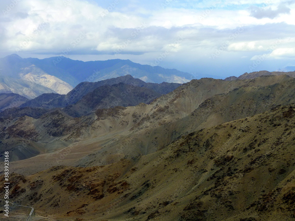 View of the Himalayan mountains going up towards the Khardungla pass, Jammu and Kashmir, Ladakh, India 