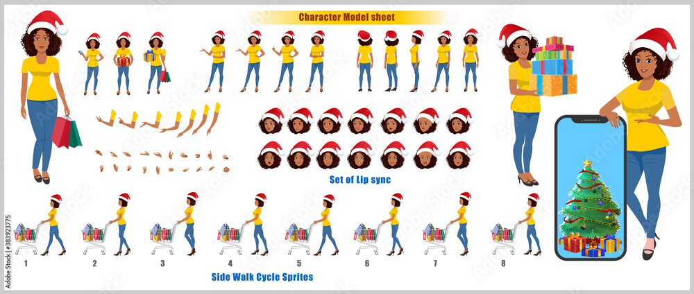 Christmas Santa Girl Character Design Model Sheet with walk cycle and run cycle animation. Girl Character design of Front, side, back view and explainer animation poses. Character set with lip sync. Christmas Santa Girl Character Design Model Sheet with walk cycle and run cycle animation. Girl Character design of Front, side, back view and explainer animation poses. Character set with lip sync.