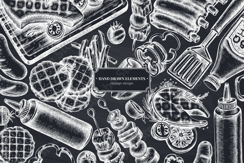 Monochrome design with chalk spatula, Pork ribs, kebab, sausages, steak, sauce bottles, grilled burger patties, grilled tomato, grilled salmon steak, grilled bell pepper