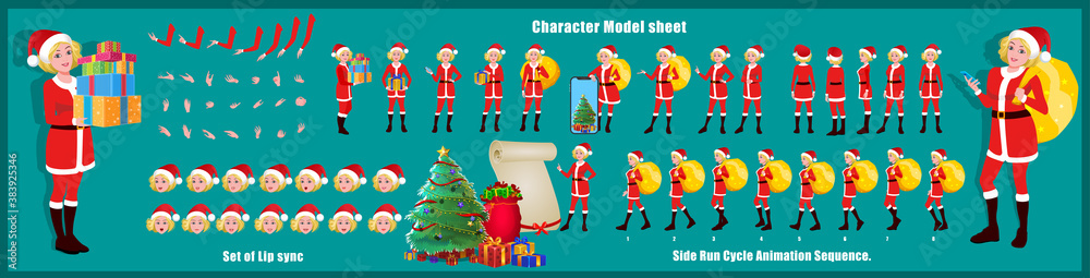 Christmas Santa Girl Character Design Model Sheet with walk cycle and run cycle animation.  Girl Character design of Front, side, back view and explainer animation poses. Character set with lip sync. 