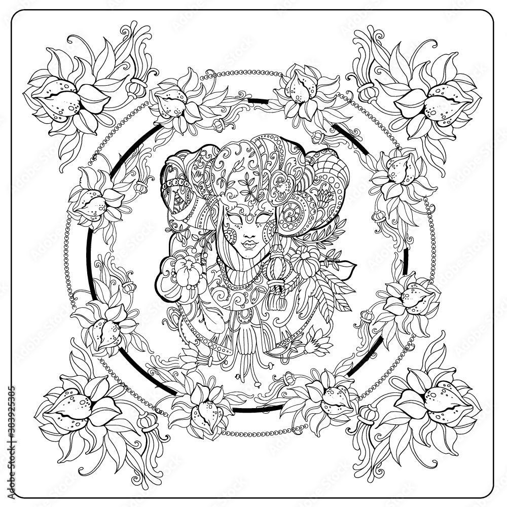 Adult coloring page with venetian mask