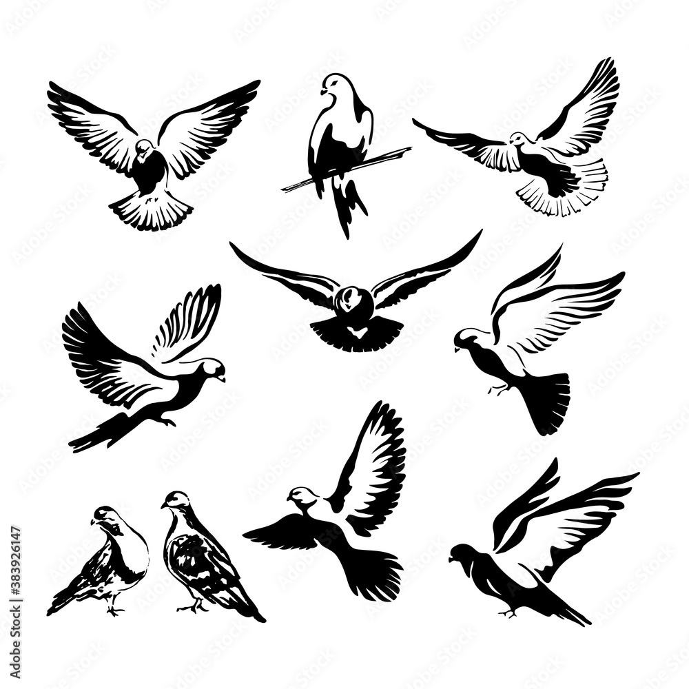 Obraz premium A set of ten doves are flying. Logo template or icon isolated symbol of freedom of the world or postal delivery and tattoo. Vector illustration