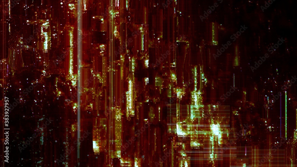 Stylish abstract and trippy digital code and cyber glitch background 3D Illustration. Psychedelic strange computer meltdown backplate with block graphics and hex code fragments. Alien code decryption 