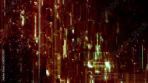 Stylish abstract and trippy digital code and cyber glitch background 3D Illustration. Psychedelic strange computer meltdown backplate with block graphics and hex code fragments. Alien code decryption 