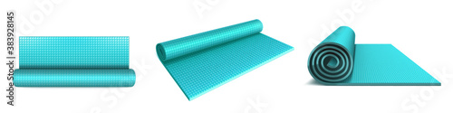 Yoga mat top, angle and side view, blue rolled mattress for fitness exercises, stretching, meditation, sports workout on floor, flat aerobics rug isolated on white. Realistic 3d vector illustration