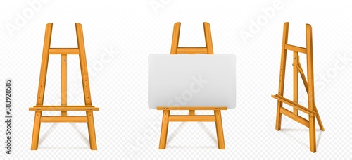 Wooden easel with white canvas in front and angle view. Vector realistic mockup of wood stand for paintings, blank board for drawing art on tripod isolated on transparent background