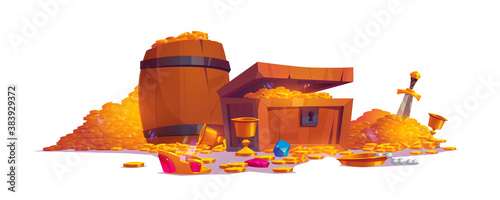 Treasury with pile of golden coins, jewelry and gem. Vector cartoon illustration with treasure chest and wooden barrel full of gold, goblets, crown and sword isolated on white background