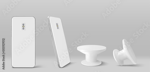 Smartphone back and pop socket holder in front and angle view. Vector realistic mockup of white mobile phone and blank circle pop grip isolated on grey background