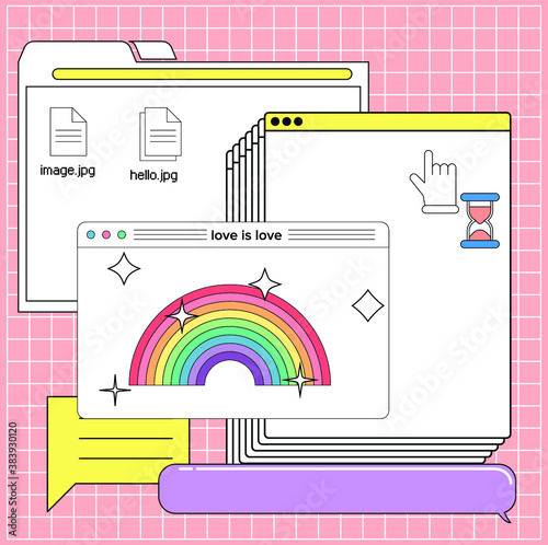 Love is love concept, LGBTQ+. Collage of user interface elements and rainbow symbol. Vaporwave aesthetics of 80's.