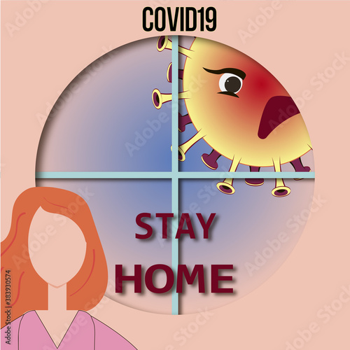 Girl in the house on a beige background with a coronavirus in the window. An evil virus. Poster. Insulation.