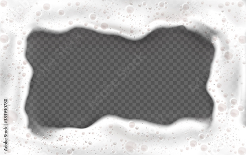 Foam frame, white beer or soap froth rectangular border with bubbles texture, foamy sea or ocean wave, laundry cleaning detergent spume isolated on transparent background, realistic 3d vector mockup
