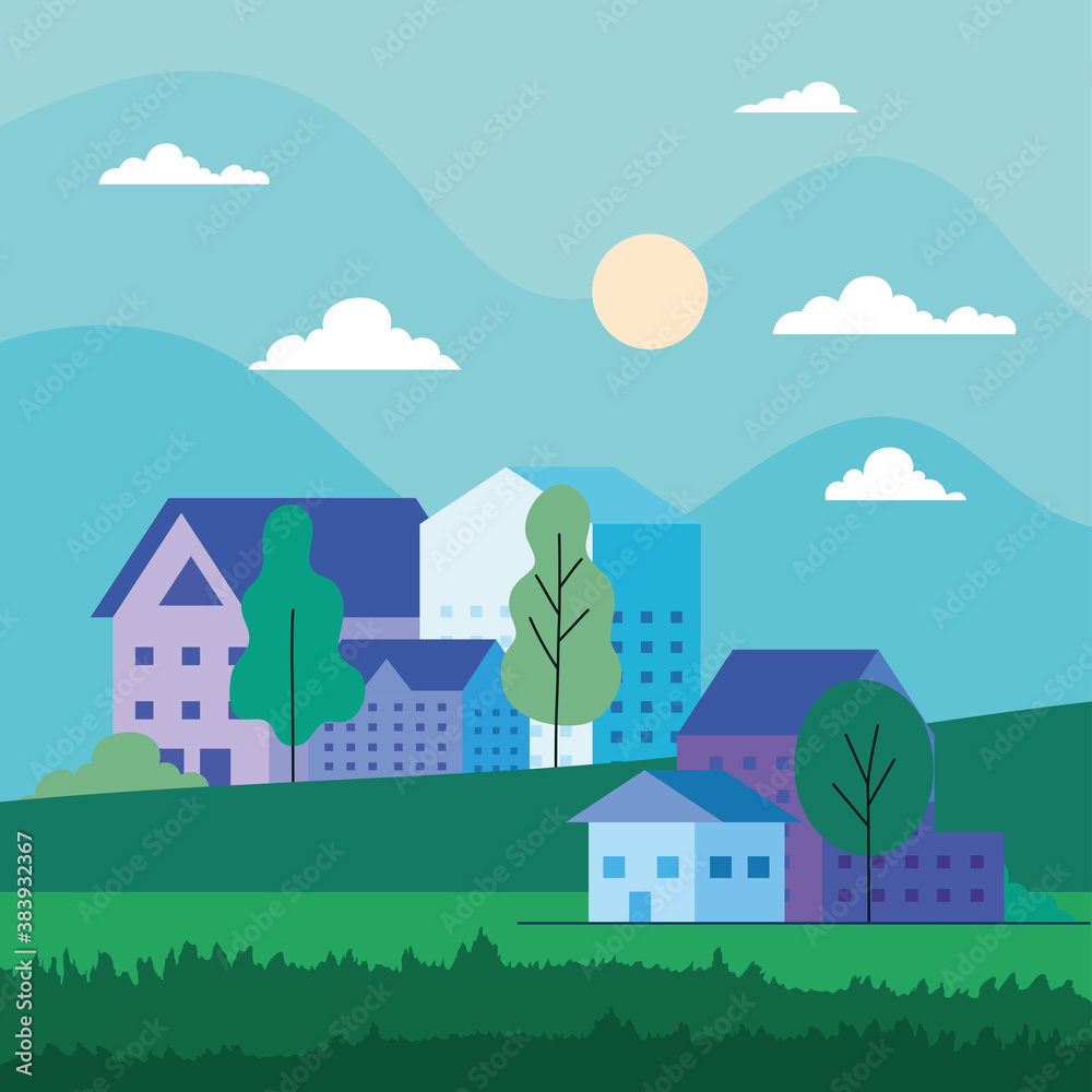 City landscape with houses trees clouds and sun design, architecture and urban theme Vector illustration