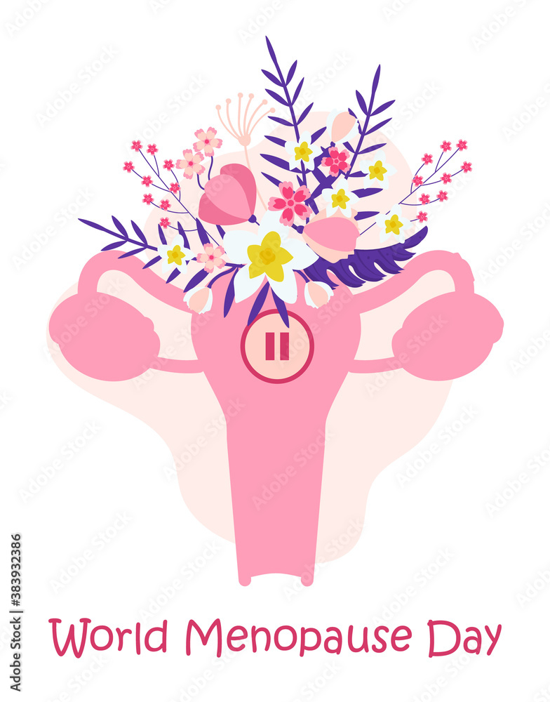 World menopause day concept vector. Event is celebrated in 18 October. Uterus with tropical flower and leaves. Sign pause inside