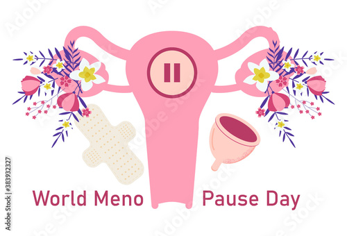 World menopause day concept vector. Event is celebrated in 18 October. Uterus with tropical flower and leaves. Sign pause inside