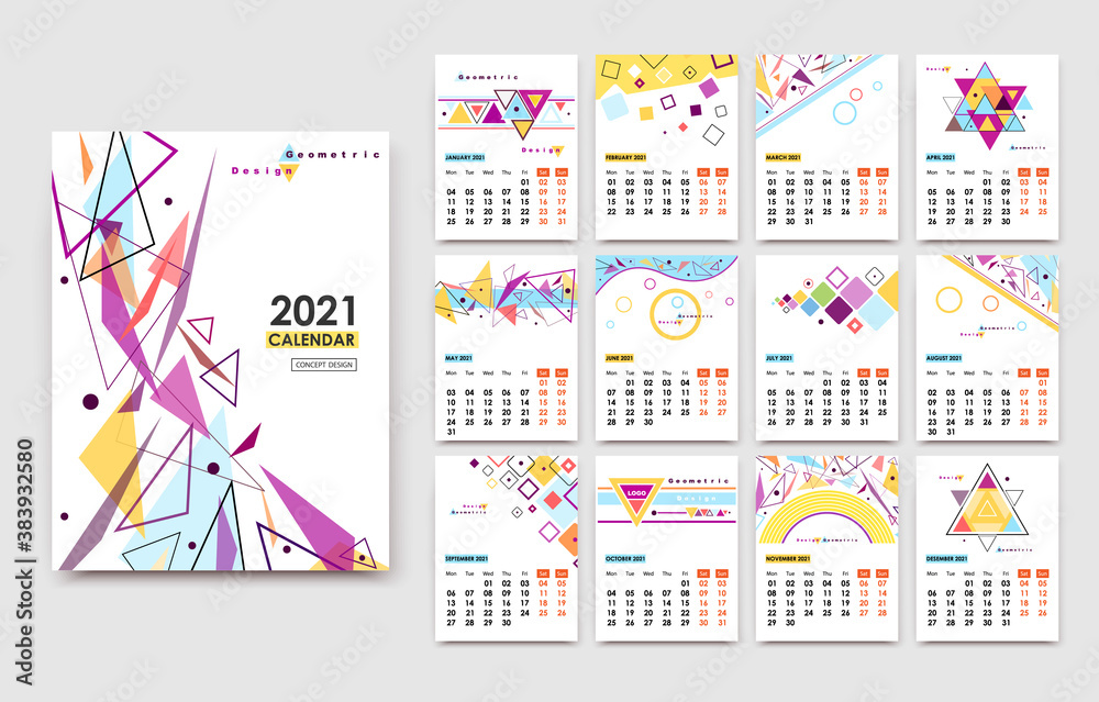 12 months calendar. Geometry. Abstraction. Winter, spring, summer, autumn. Wall, annual calendar. Graphics. Multicolored geometric shapes. 2021 year. Modern vector. Creative illustration.