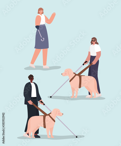 disability women and blind man cartoons with canes dogs and arm prosthesis vector design