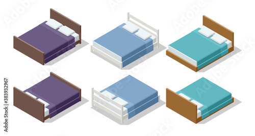 Isometric set furniture double bed illustration isolated on white background. Wooden double bed with linen