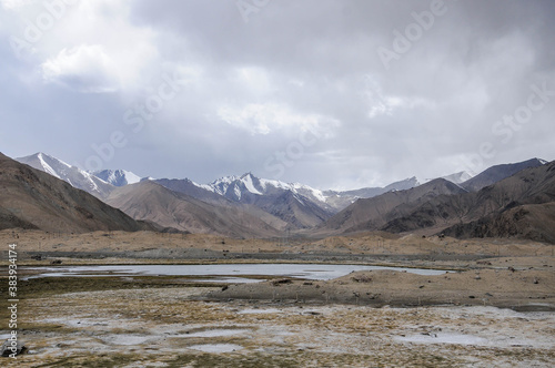 View of the karakoram mountain range from the Karakul lake, Xinjiang Province, China