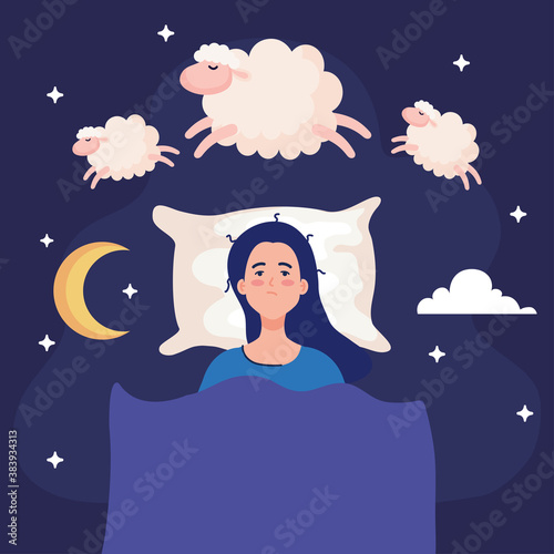 insomnia woman on bed with sheeps design, sleep and night theme Vector illustration
