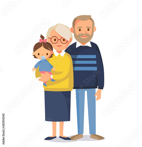 Portrait of senior couple grandparents with grandchild. Grandma grandpa with granddaughter. Relatives generations holiday weekend meeting. Vector illustration. Flat design.