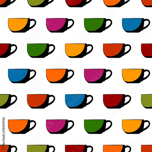 Seamless pattern of ceramic cups, simple background with crockery