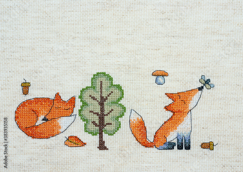 Cross stitch fox and trees