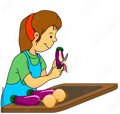 Woman is peeling aubergines and cooking vegetables to eat healthy. Mom with a knife in her kitchen apron. onions and eggplants on the kitchen counter. Drawing cartoon  illustration. Vector