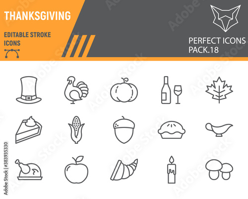 Thanksgiving line icon set, holiday collection, vector sketches, logo illustrations, thanksgiving day icons, celebration signs linear pictograms, editable stroke.
