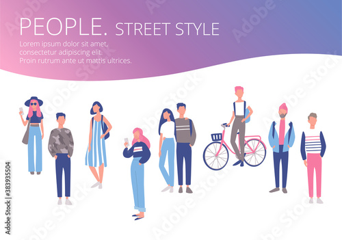 Big set group of diverse flat cartoon characters modern looking people teenagers in different poses standing together isolated on white background. Crowd people. Casualy looking dressed men women.
